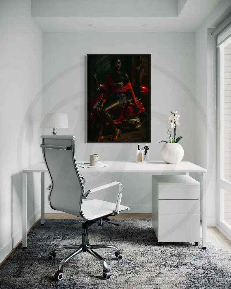 Printable Afrocentric wall art of regal Black woman in street-style fashion with scooter. Elegant modern digital art for cultural home décor.