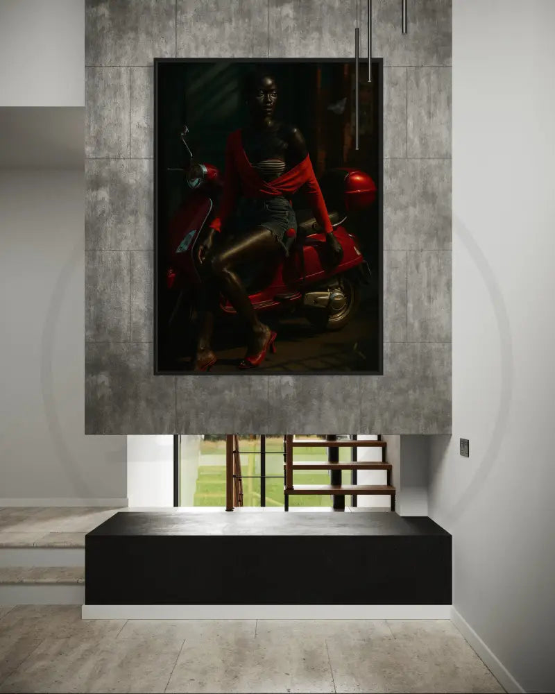 Digital download wall art of Black woman urban scene with glossy red scooter. Afrocentric printable décor for living rooms.