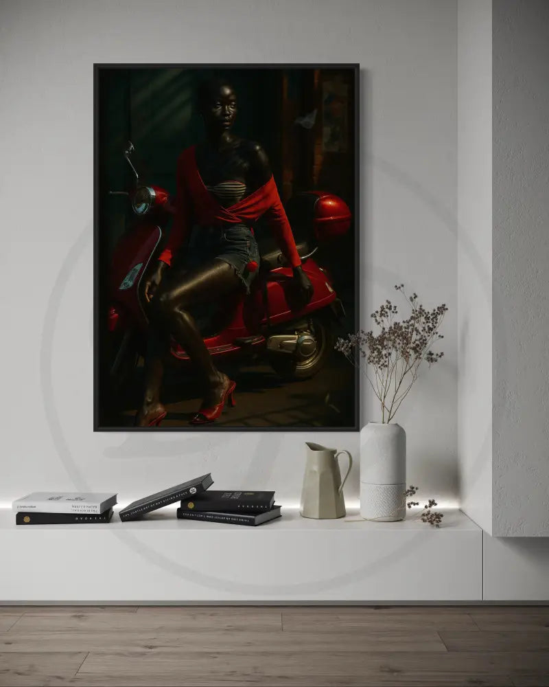 Afrocentric portrait digital wall art of Black woman in red top sitting on red scooter. Printable African art for modern wall décor.