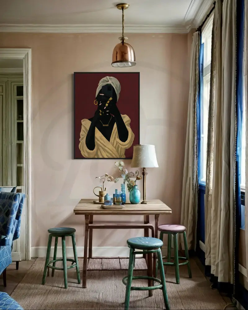 Printable Afrocentric wall art of Black woman selfie moment in robe and headwrap. Elegant modern digital art for cultural home décor.