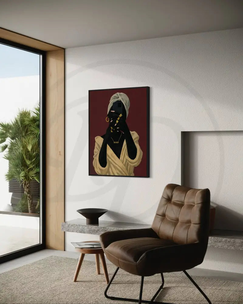 High-resolution digital portrait of Afrocentric Black woman with gold jewelry taking selfie. Modern African art print for gallery walls.