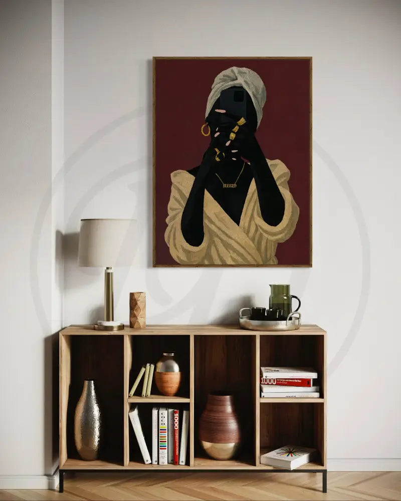 Digital download wall art of Black woman holding smartphone for selfie against deep red background. Afrocentric printable décor for bedrooms.
