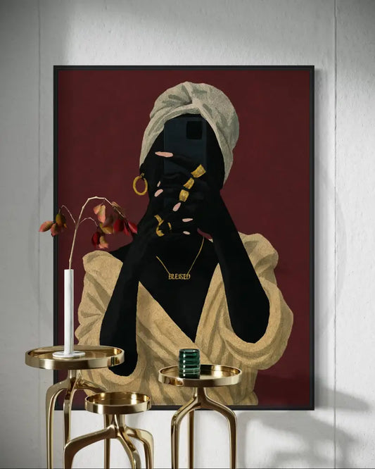 Afrocentric portrait digital wall art of faceless Black woman in robe taking selfie. Printable African art for modern wall décor.