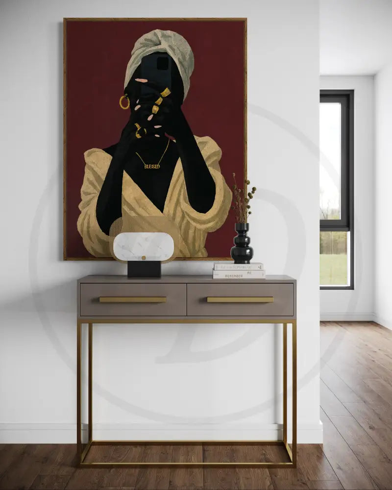 Minimalist Afrocentric wall art of Black woman in headwrap with gold jewelry and “BLESSED” necklace. Printable modern African American portrait art.