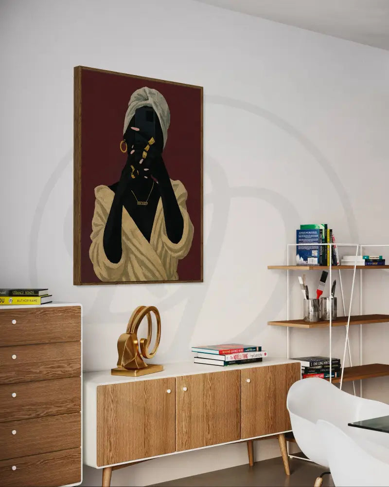 Afrocentric fashion portrait digital art featuring faceless Black woman in robe with gold accessories. Printable modern ethnic wall décor.