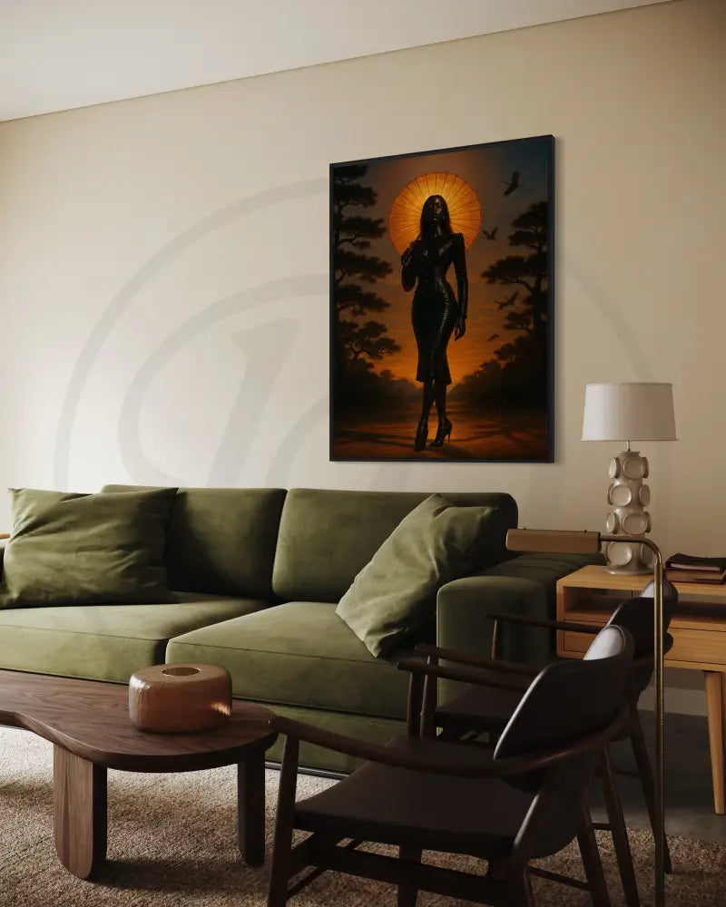 Sunset Afrocentric digital artwork highlighting Black woman beauty, bold fashion, and cultural elegance for urban and modern spaces.