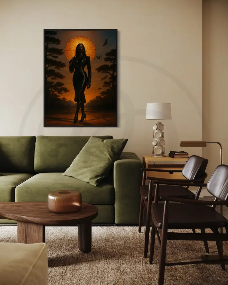 Printable Afrocentric decor featuring a silhouetted Black woman in a sleek dress against warm orange and dark evening tones.