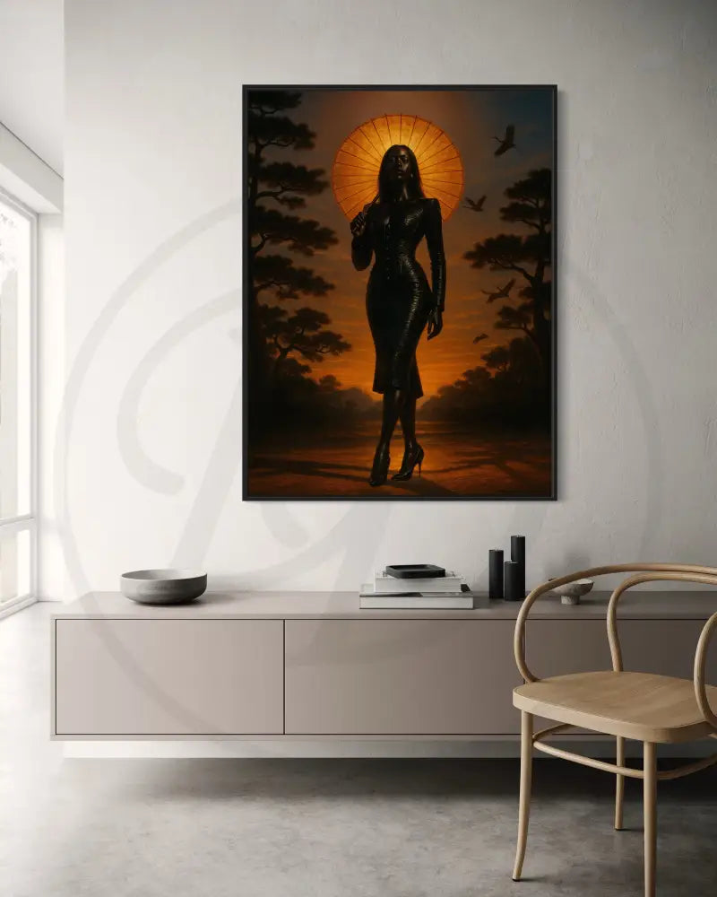 Afrocentric cultural wall print of a stylish Black woman with parasol at dusk. Instant download digital art for living rooms and gallery walls.