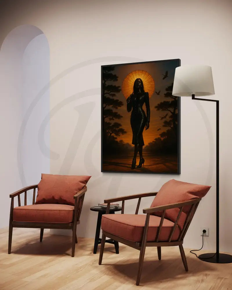 Minimalist Afrocentric printable wall art featuring an elegant Black woman in a black dress against a golden sunset sky with silhouetted trees.