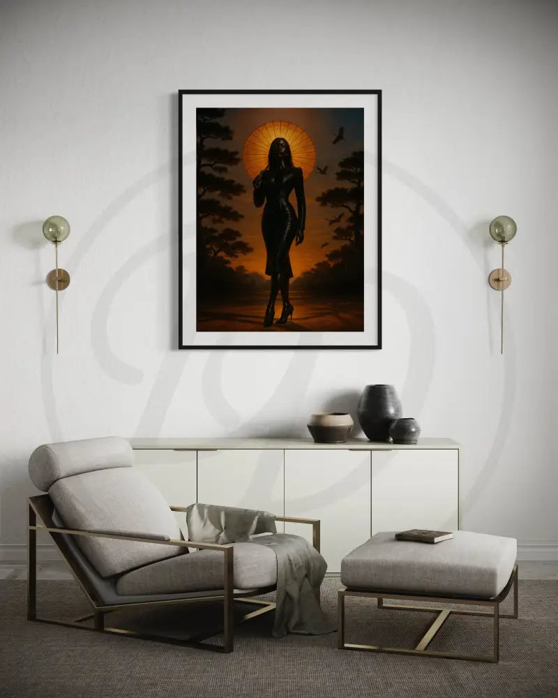 Black woman digital art download with an orange parasol and moody dusk background. Afrocentric printable artwork for contemporary home décor.