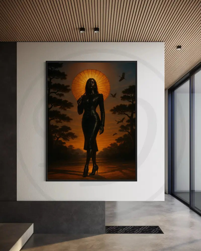 Afrocentric digital wall art of a Black woman holding a glowing orange parasol at sunset. Printable Afrocentric art for modern and urban wall décor.