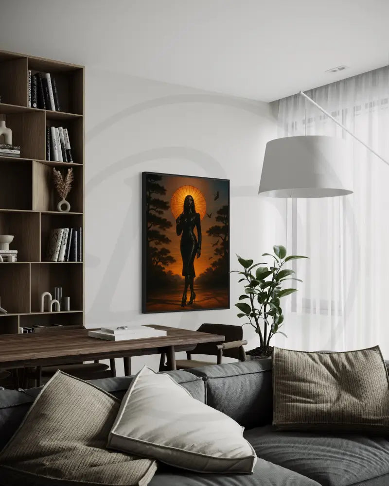 Modern Afrocentric wall art of a poised woman in heels under a glowing sun parasol, surrounded by trees and birds at sunset.