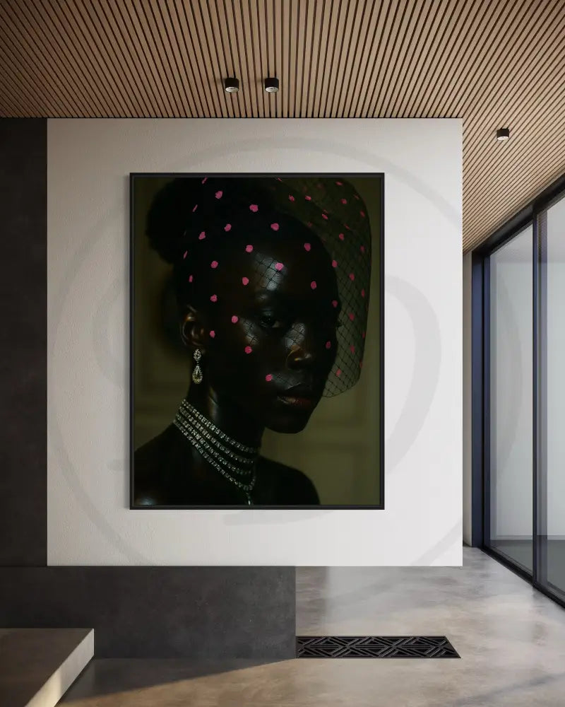 Afrocentric digital wall art of a Black woman with diamond jewelry wearing a mesh veil with pink accents.