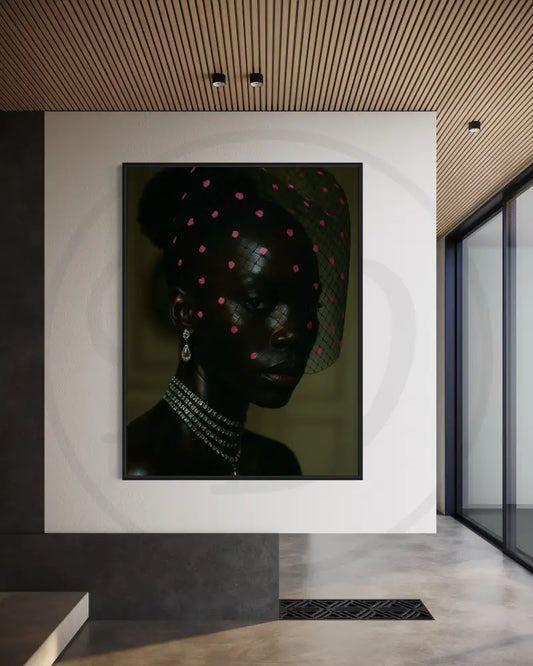 Afrocentric digital wall art of a Black woman with diamond jewelry wearing a mesh veil with pink accents.