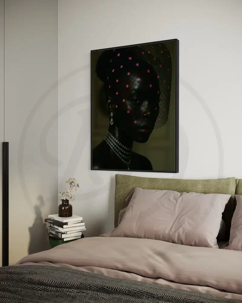 Elegant Afrocentric digital portrait of a Black woman wearing a dramatic mesh veil and layered diamonds.