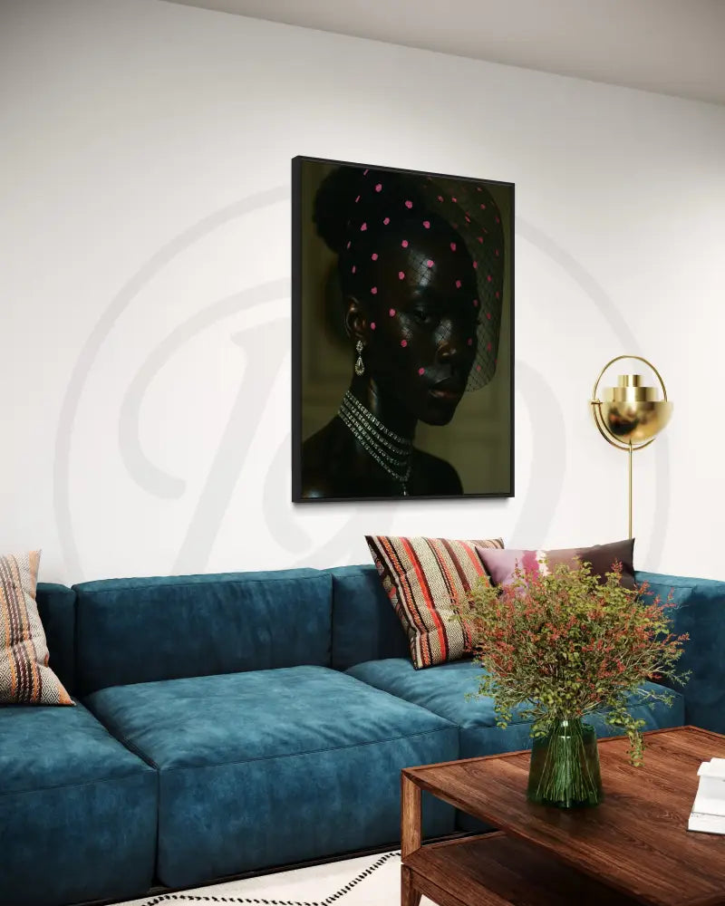 Regal Black woman portrait with layered choker necklaces and veil, Afrocentric printable wall art.