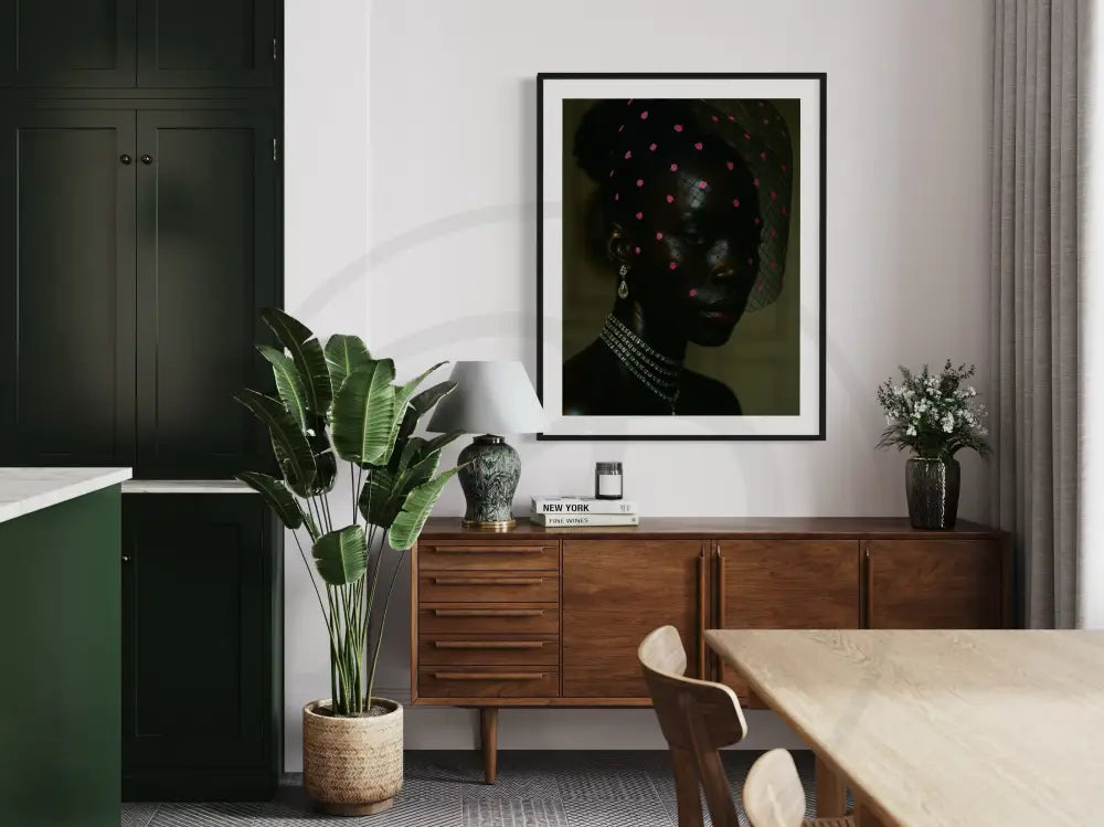 Printable Afrocentric veil portrait of a poised Black woman in diamond jewelry and dramatic lighting.