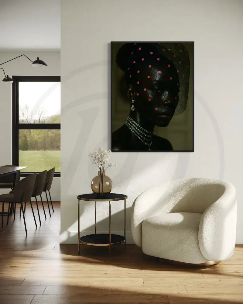 Afrocentric printable artwork of a regal woman with veil and jewelry, perfect for gallery walls.