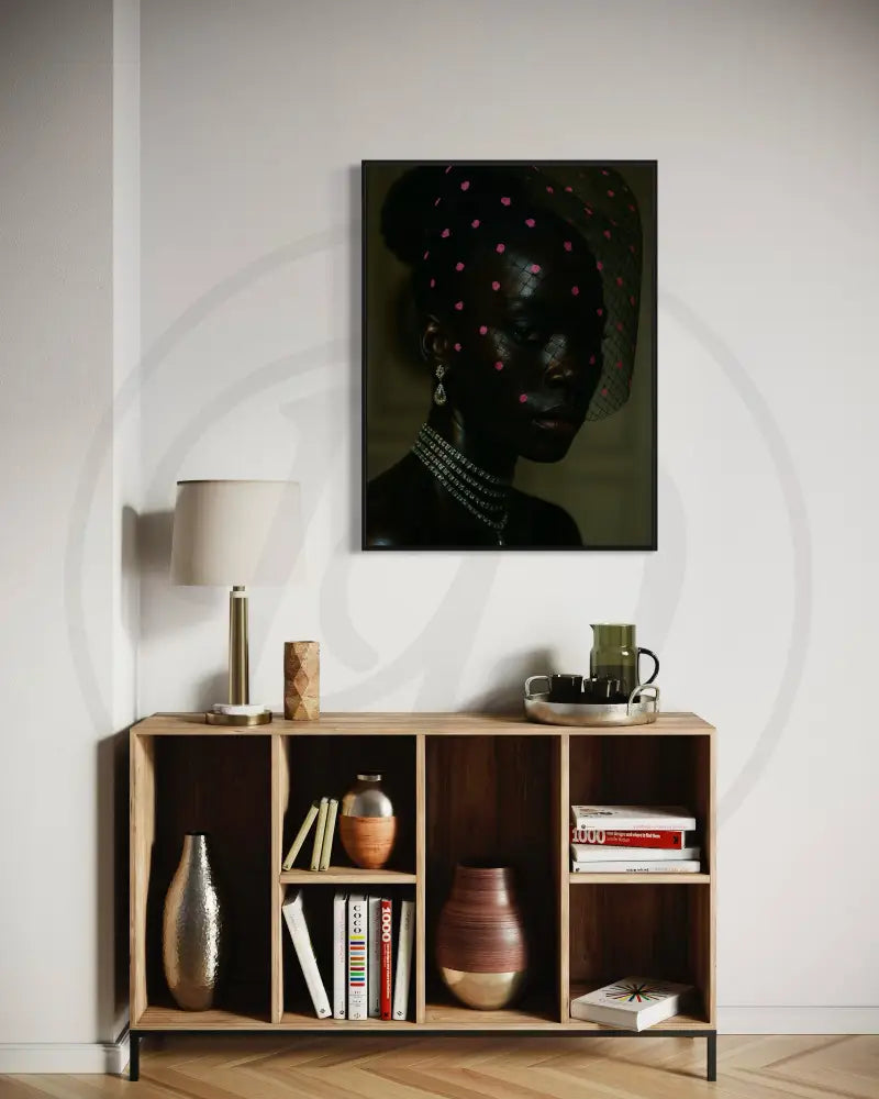 Minimalist Afrocentric art featuring a Black woman with a pink-accented mesh veil and drop earrings.