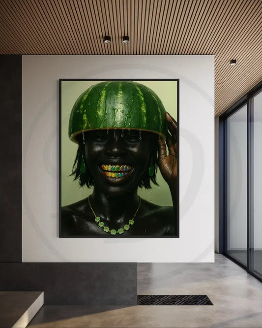 Afrocentric portrait digital wall art of Black woman with watermelon crown and rainbow grillz. Printable cultural artwork for modern décor.