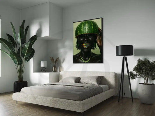 Playful Afrocentric wall art of Black woman smiling with gemstone grillz and green jewelry. Printable modern African portrait.