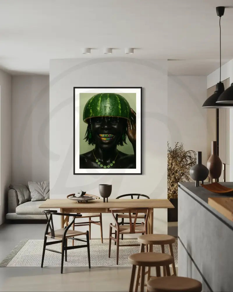 Afrocentric digital portrait wall art of stylish Black woman with watermelon crown and colorful grillz. Printable art for modern homes.