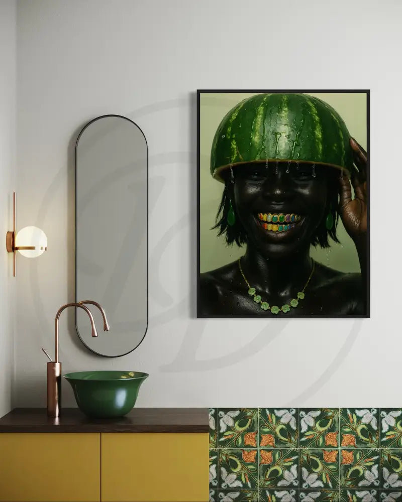 Afrocentric modern wall art of Black woman with playful fruit crown and gemstone smile. Instant download printable art.