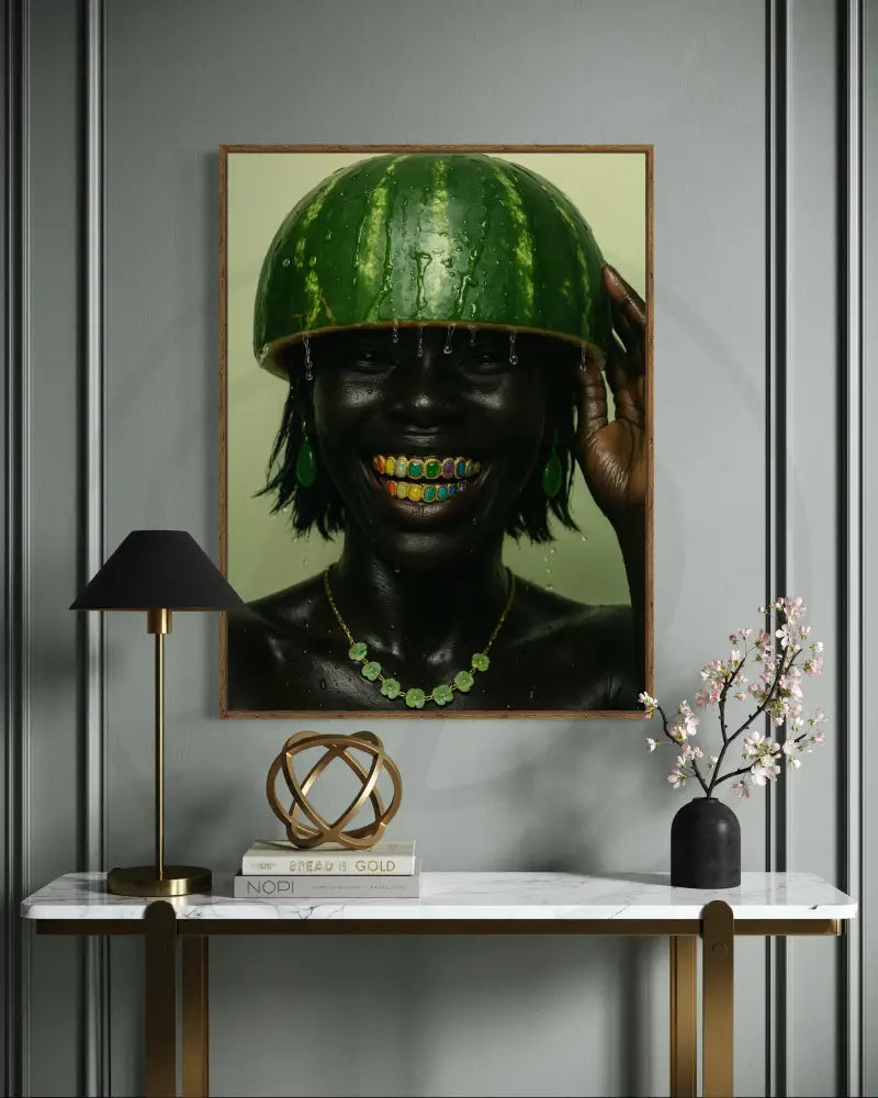 Digital art download of Black woman with watermelon helmet and radiant smile. Afrocentric printable wall art for bold home décor.