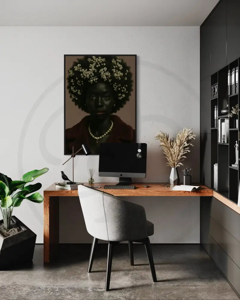 Minimalist Afrocentric wall art of elegant Black woman with natural hair adorned with white flowers. Printable modern African American portrait art.