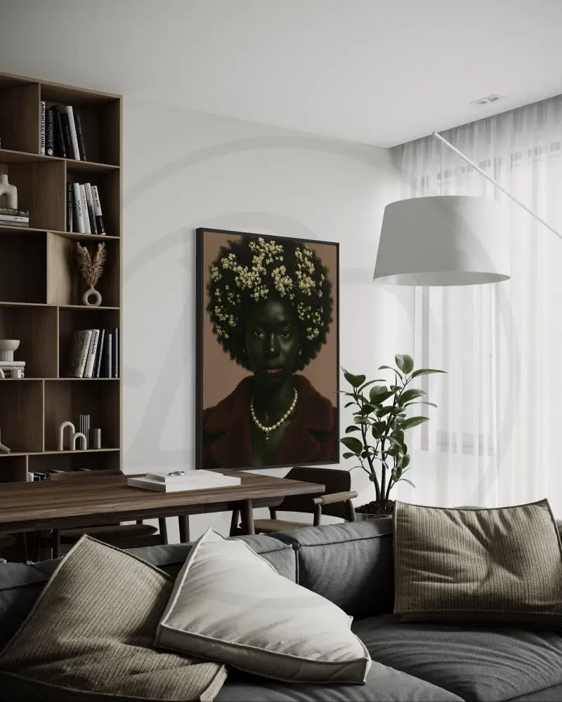 High-resolution digital portrait of Afrocentric Black woman in burgundy coat with floral afro. Modern African art print for gallery walls.