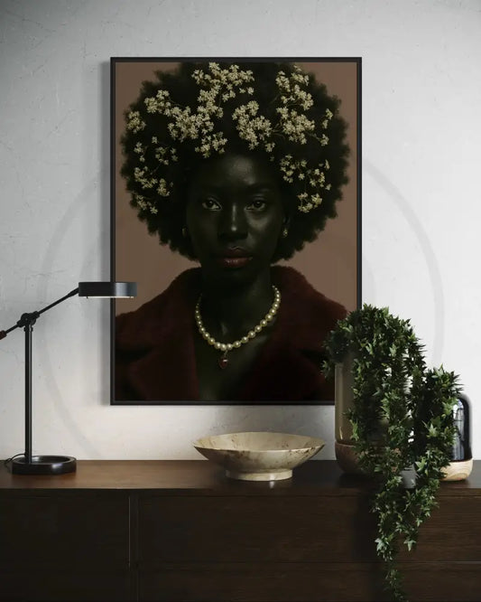 Afrocentric portrait digital wall art of a Black woman with floral afro in burgundy coat. Printable African art for modern wall décor.