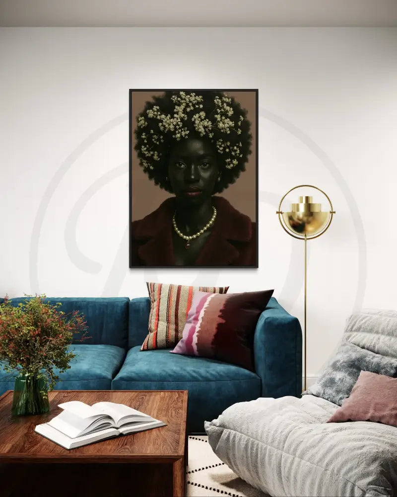 Printable Afrocentric wall art of regal Black woman with pearl necklace and white floral hair accents. Elegant modern digital art for cultural home décor.