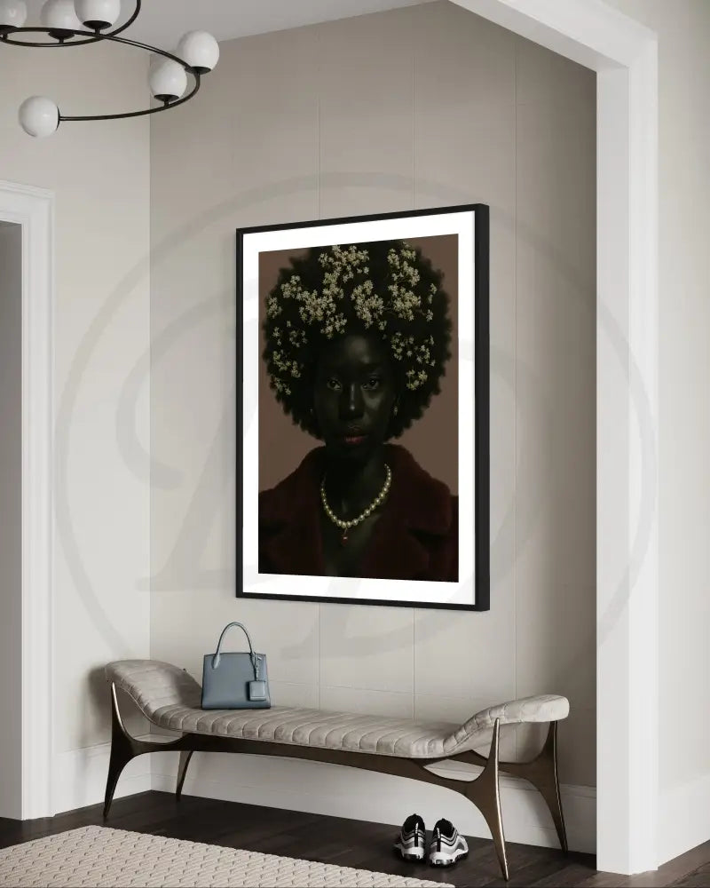 Digital download wall art of Black woman with afro and pearl necklace. Afrocentric printable décor for living rooms.