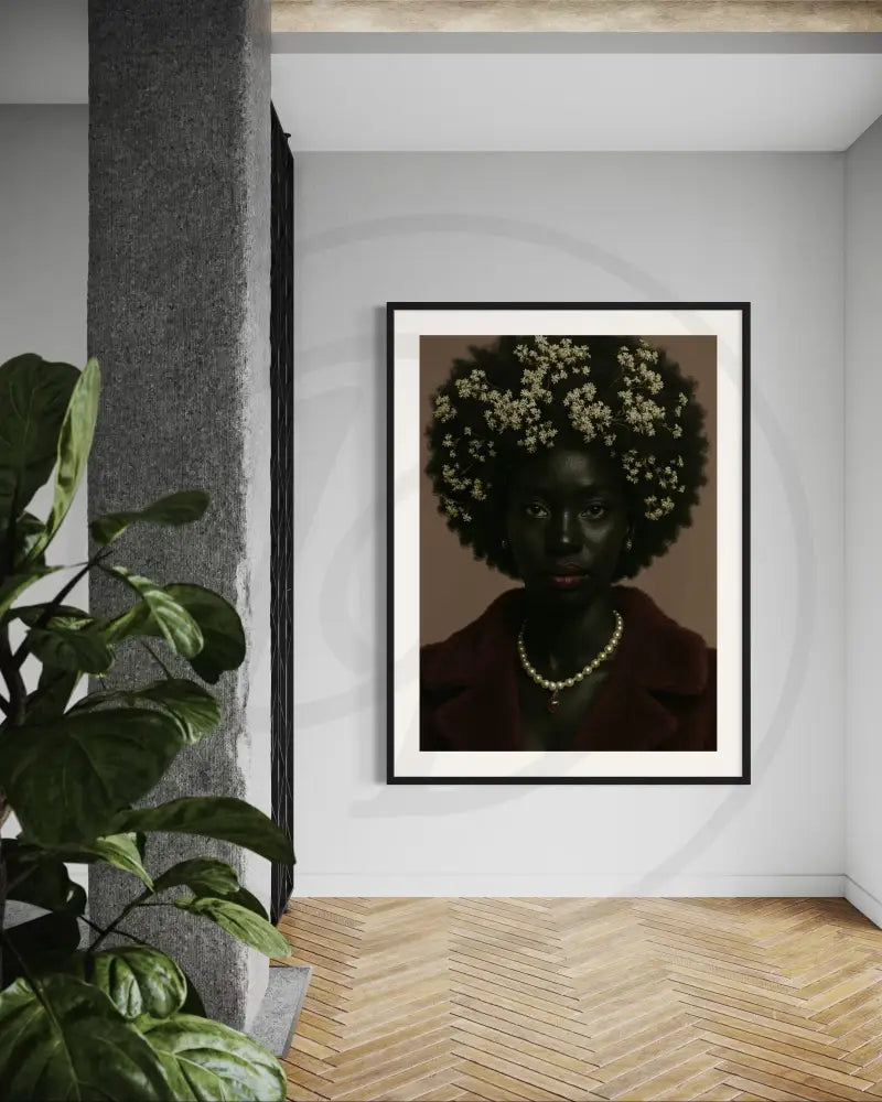 Afrocentric fashion portrait digital art featuring Black woman in burgundy coat with floral hair. Printable modern ethnic wall décor.