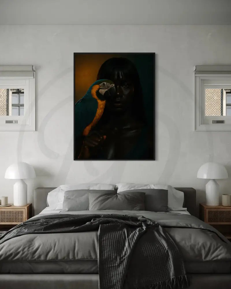 Afrocentric minimalist art print of a woman and parrot, symbolizing elegance and culture.