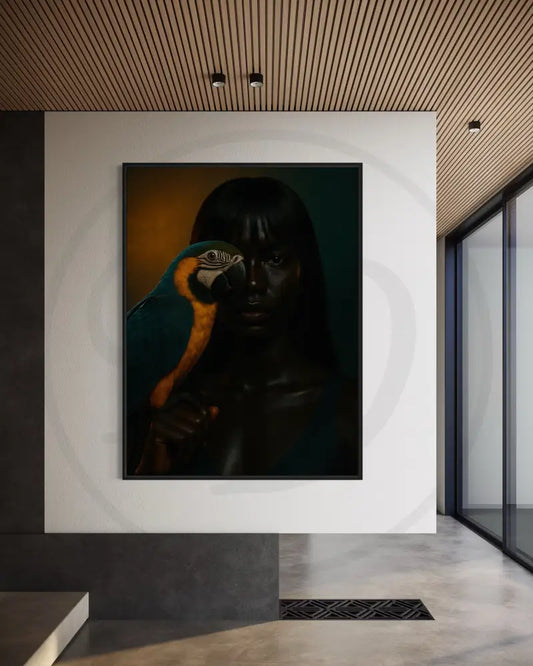 Afrocentric digital wall art of a Black woman holding a vibrant blue and gold parrot.
