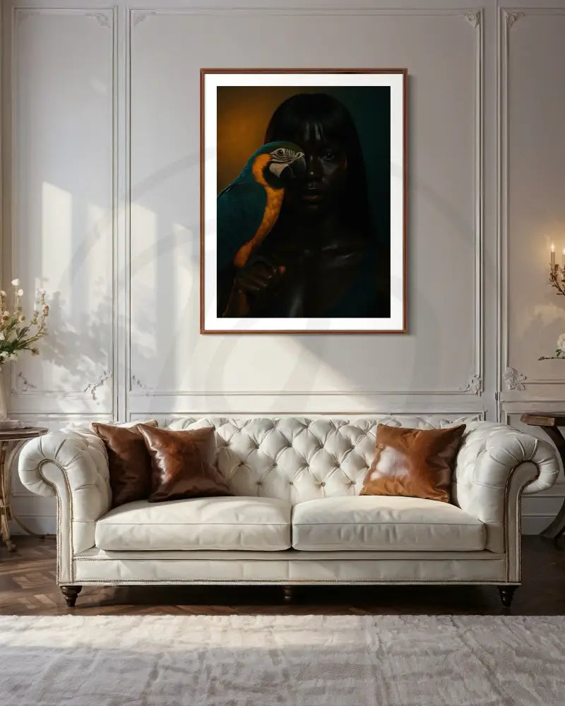 Printable Afrocentric portrait featuring a regal Black woman with sleek hair and parrot.