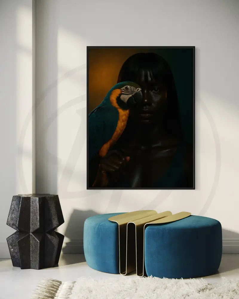 Contemporary Afrocentric digital wall art of a woman with parrot, perfect for modern décor.