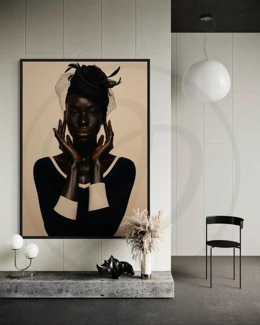 Afrocentric portrait digital wall art of a Black woman in floral headpiece and black dress with ivory trim. Printable African art for modern wall décor.