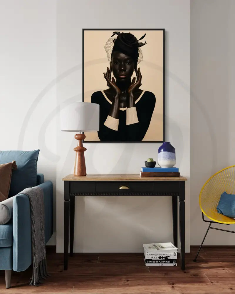Minimalist Afrocentric wall art of elegant Black woman with floral fascinator and netting. Printable modern African American portrait art.
