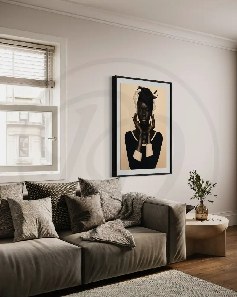 High-resolution digital portrait of Afrocentric Black woman in headpiece and ivory-trimmed dress. Modern African art print for gallery walls.