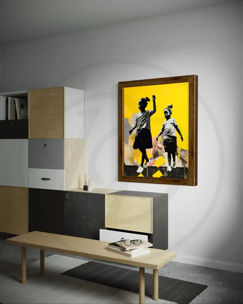 Minimalist Afrocentric artwork featuring joyful children in an urban style.