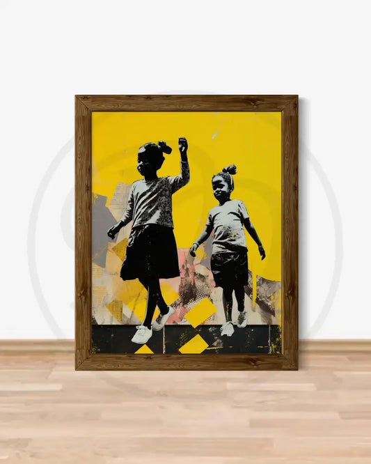 Afrocentric digital art of Black children dancing on a vibrant yellow background.