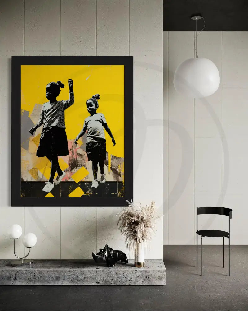 Printable wall art showing two kids in motion with warm cultural tones.