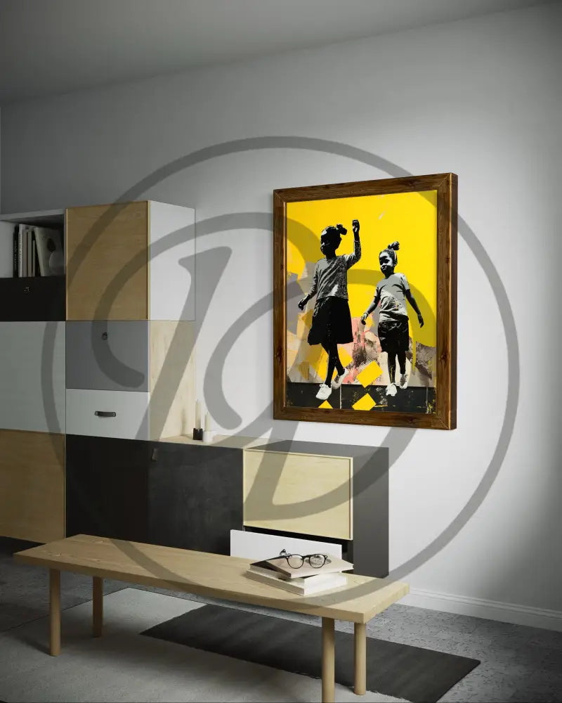 Minimalist Afrocentric artwork featuring joyful children in an urban style.