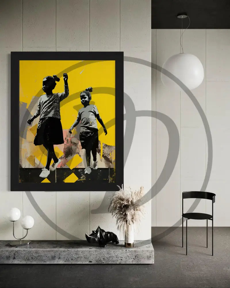 Printable wall art showing two kids in motion with warm cultural tones.