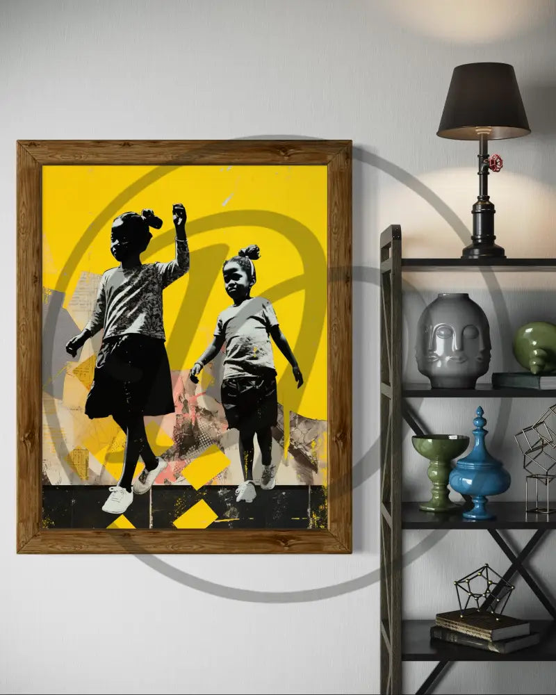 High-resolution printable art of kids dancing on yellow abstract patterns.