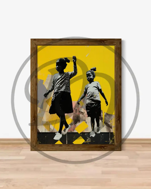 Afrocentric digital art of Black children dancing on a vibrant yellow background.
