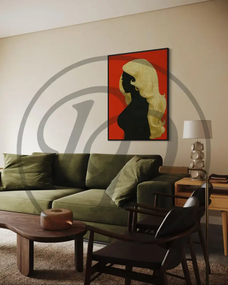 Modern wall art featuring bold red background and blonde hair design.