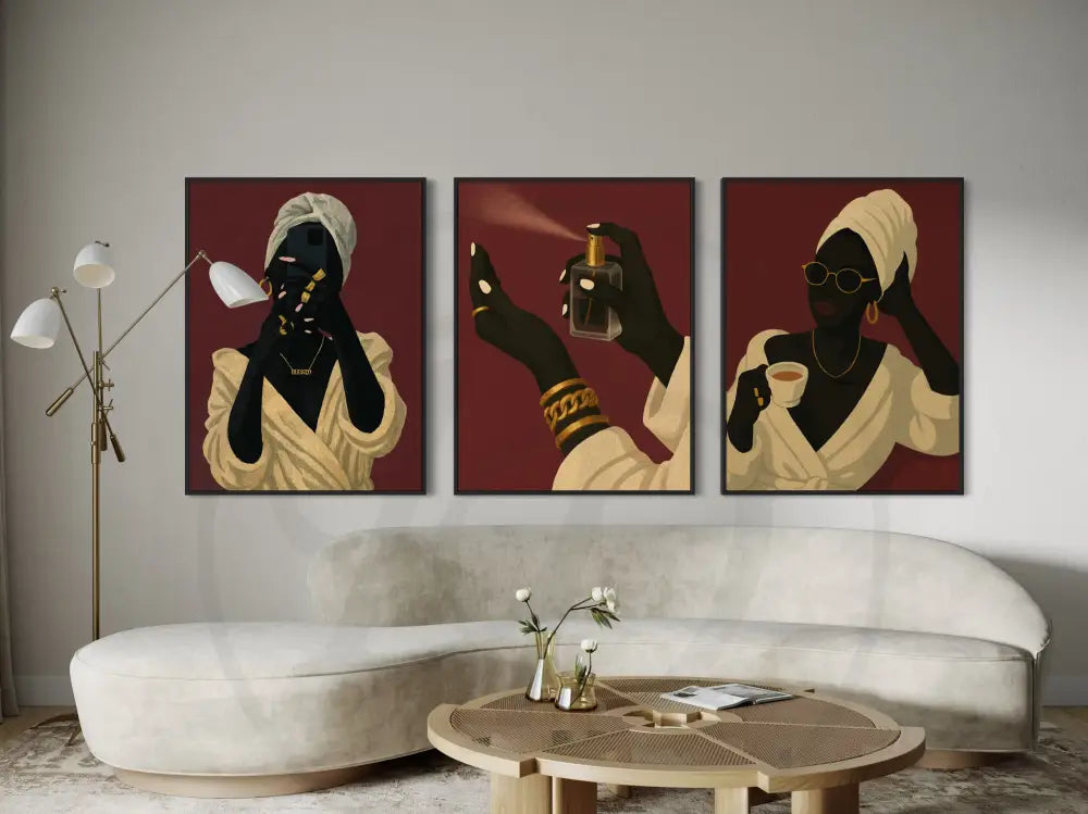 Afrocentric 3-piece wall art of faceless Black women in robes with gold accents. Printable African art for modern wall décor.
